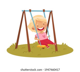 Smiling Girl Swinging at Playground Enjoying Hot Summer Season Vector Illustration