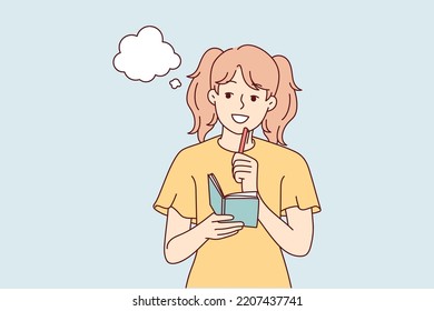 Smiling girl take notes in notebook make plans or dreams. Happy child handwrite in notepad brainstorming or daydreaming. Vector illustration. 