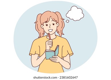 Smiling girl take notes in notebook make plans or dreams. Happy child handwrite in notepad brainstorming or daydreaming. Vector illustration.