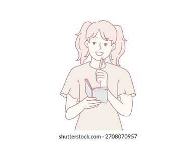 Smiling girl take notes in notebook make plans or dreams. Happy child handwrite in notepad brainstorming or daydreaming. Vector illustration.