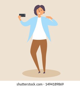 Smiling girl takes a selfie. Photographer. Editable Vector Illustration