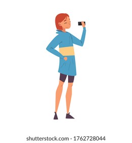 Smiling Girl Taking Selfie Photo, Female Character Photographing Herself with Smartphone Cartoon Vector Illustration