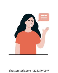 Smiling girl talking with speech bubble text, raising hands introducing or navigating. Communication concept. Use for website, app, landing page, ads. Flat modern cartoon vector isolated illustration.