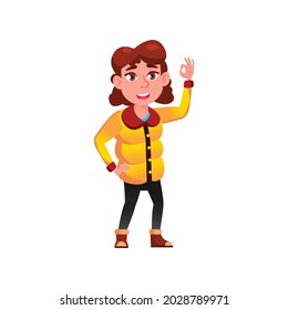 smiling girl teen wearing autumn season clothing gesturing ok to friend cartoon vector. 