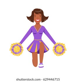 Smiling girl teenager dancing with colorful pompoms. Colorful cartoon character vector Illustration