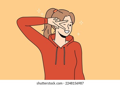 Muchacha sonriente muestra gesto de mano sintiéndose optimista y alegre. La mujer feliz en hoodie se divierten haciendo expresión facial. Ilustración vectorial. 