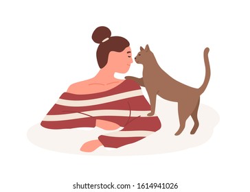 Lächelndes Mädchen mit Zärtlichkeit spielte Katze Vektorillustration flache Illustration. Güte, Güte, Tierpflege. Fröhliche Frau, die mit einem vierbeinigen Tierfreund spielt, einzeln auf weißem Hintergrund.