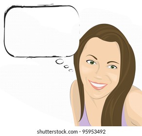 Smiling girl with text bubble,comic style,on white.