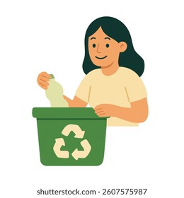 Smiling girl throws plastic bottle in recycle bin. Promotes eco habits and waste sorting awareness.