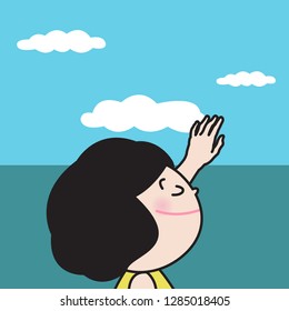 Smiling Girl Is Touching The Blue Sky By The Sea Concept Card Character illustration