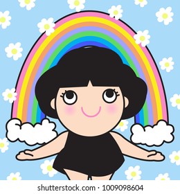 Smiling Girl Touching Rainbow And The Falling Flowers Concept Card Character illustration