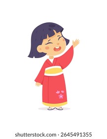 Garota sorridente de quimono vermelho tradicional com detalhes florais e faixa amarela. Personagem infantil asiática com cabelo preto curto, balançando a mão. Ilustração de vetor de desenhos animados.