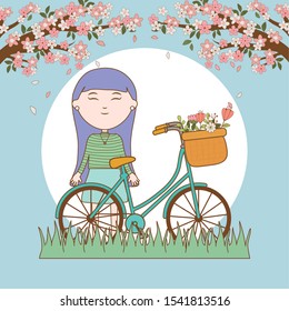 smiling girl tree branch flowers and bicycle cartoon vector illustration