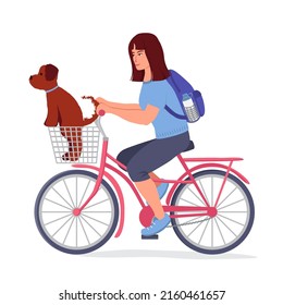 Smiling girl in a t-shirt and shorts rides a bicycle. The dog is in the basket. On the back is a backpack. The concept of active lifestyle. Vector illustration in a flat style