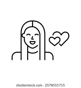 Smiling girl and two hearts. Romantic match, looking for love. Relationship goals. Pixel perfect vector icon