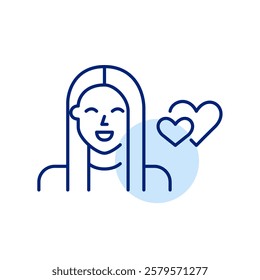 Smiling girl and two hearts. Romantic match, looking for love. Relationship goals. Pixel perfect, editable stroke icon