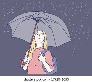 Smiling girl with umbrella posing under the rain. Hand drawn in thin line style, vector illustrations.