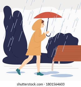 Smiling girl with umbrella walk under rain vector flat illustration. Happy female wearing raincoat stroll in natural park or street at rainy day. Colorful woman enjoying autumn season outdoor