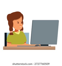 Chica sonriente que usa la computadora de escritorio, disfrutando de la educación en línea, el entretenimiento y la comunicación