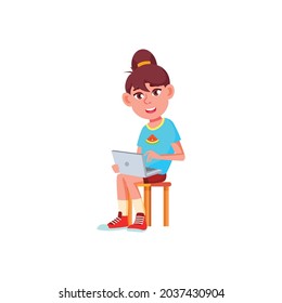smiling girl using laptop for surfing in internet cartoon vector. smiling girl using laptop for surfing in internet character. isolated flat cartoon illustration