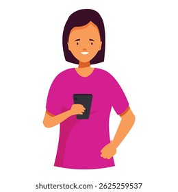 Chica sonriente que usa el smartphone, que navega por Internet, que comprueba el correo electrónico, que charla en línea, que juega el juego móvil, que hace compras en línea o que utiliza la aplicación móvil