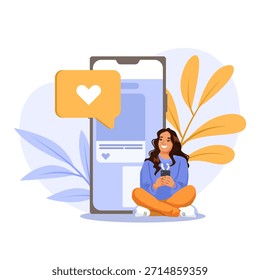 Smiling girl using smartphone, sitting in front of large mobile screen with heart icon, flat cartoon style, white background. Concept of social media. Vector illustration