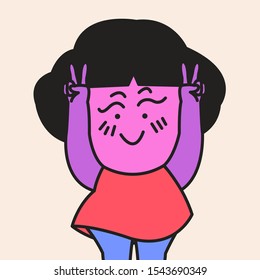 Smiling Girl In Various Bright Colors Body And Face Showing Her Thumbs Up, Finger Number Two Or Cheer Up Hand Sign. Life Is Colorful Concept Card Characetr illustration