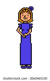 Smiling girl in violet evening dress, 8 bit pixel art character isolated on white background.Cocktail party look woman.Old school vintage retro 80s, 90s 2d computer, video game, slot machine graphics.