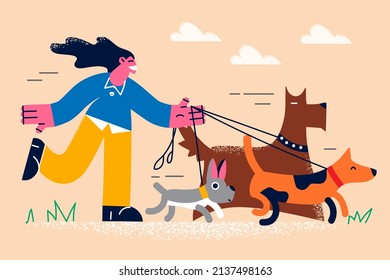 Smiling girl walker running with dogs on lead. Happy young woman walking pets puppies outdoors. Domestic animal care concept. Flat vector illustration, cartoon character. 