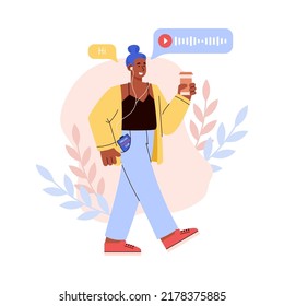Smiling girl walking with coffee in hand and talking on phone with education club through headphones flat style, vector illustration isolated on white background. Online language learning