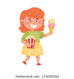 Smiling Girl Walking and Ice Cream and Popcorn Vector Illustration