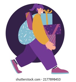 a smiling girl walks with a shopper and holds a lot of gifts in her hands