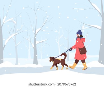 Smiling girl in a warm coat, hat and gloves walks with dog in a snowy park and talks on the phone. Dog walks next to her on a leash. Vector illustration in flat style