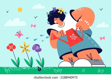 Smiling girl watering flowers in garden outside. Happy child take care of plants outdoors. Hobby and gardening. Vector illustration. 