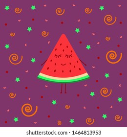 Smiling girl watermelon background vector illustration. A slice of watermelon. Tasty healthy seasonal summer fruit, vitamin