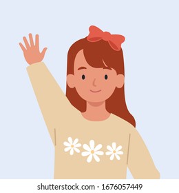 Smiling girl are waving hand in greeting. Vector illustration in a flat style