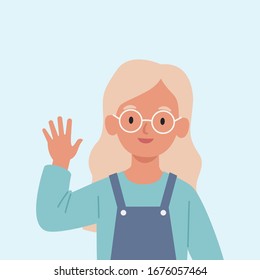 Smiling girl are waving hand in greeting. Vector illustration in a flat style