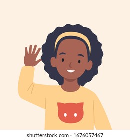 Smiling girl are waving hand in greeting. Vector illustration in a flat style