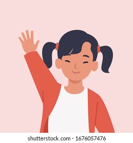 Smiling girl are waving hand in greeting. Vector illustration in a flat style