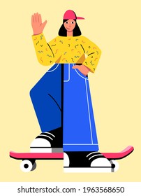A smiling girl waving hand. A teenager in jeans, sneakers and a baseball cap with skateboard saying hello. Vector illustration in flat style.