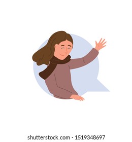 Smiling girl waving her hand in dialog cloud. Chatting woman online. Vector textbox icon, chat bubble with happy cartoon character. Virtual talk concept