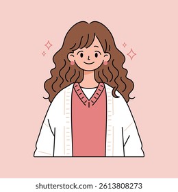 Smiling girl with wavy hair in a cozy outfit. Cute cartoon-style portrait illustration isolated on a pastel pink background. Perfect for avatars, lifestyle blogs, and character designs.
