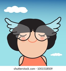 Smiling Girl Wearing Angel Wing Shaped Eyeglasses On A Bright Sunny Day. Concept Of Feeling Happiness Like Living In Heaven Card Character illustration