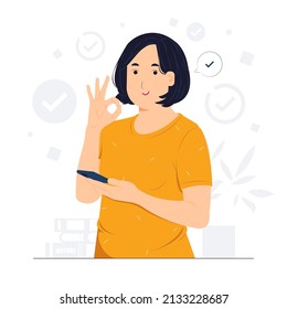 Smiling girl wearing casual clothes cartoon character standing and showing thumbs up positive gesture Ok sign and gesture language concept illustration