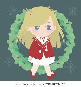 a smiling girl wearing a christmas wreath, in the style of anime inspired, light beige and red, animecore, childhood arcadias, #screenshotsaturday, anime-inspired