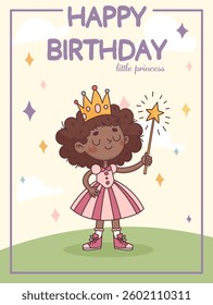 smiling girl wearing a crown and holding a magic wand, celebrating her birthday. The text above says "Happy Birthday Little Princess," depicting joy and excitement.
