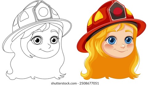 Menina sorridente usando capacete de bombeiro