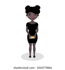 Smiling girl wearing a little black dress. Evening outfit. Elegant mini. Afro american woman. Special occasion dress. Scoop neck gown. Young woman going on a date isolated on white background.