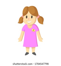 Smiling girl wearing pink dress, full figure cartoon character design. Colorful flat vector illustration, isolated on white background.