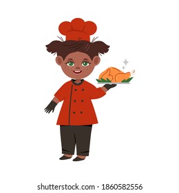 Smiling Girl Wearing Red Toque and Jacket Holding Roasted Turkey Vector Illustration